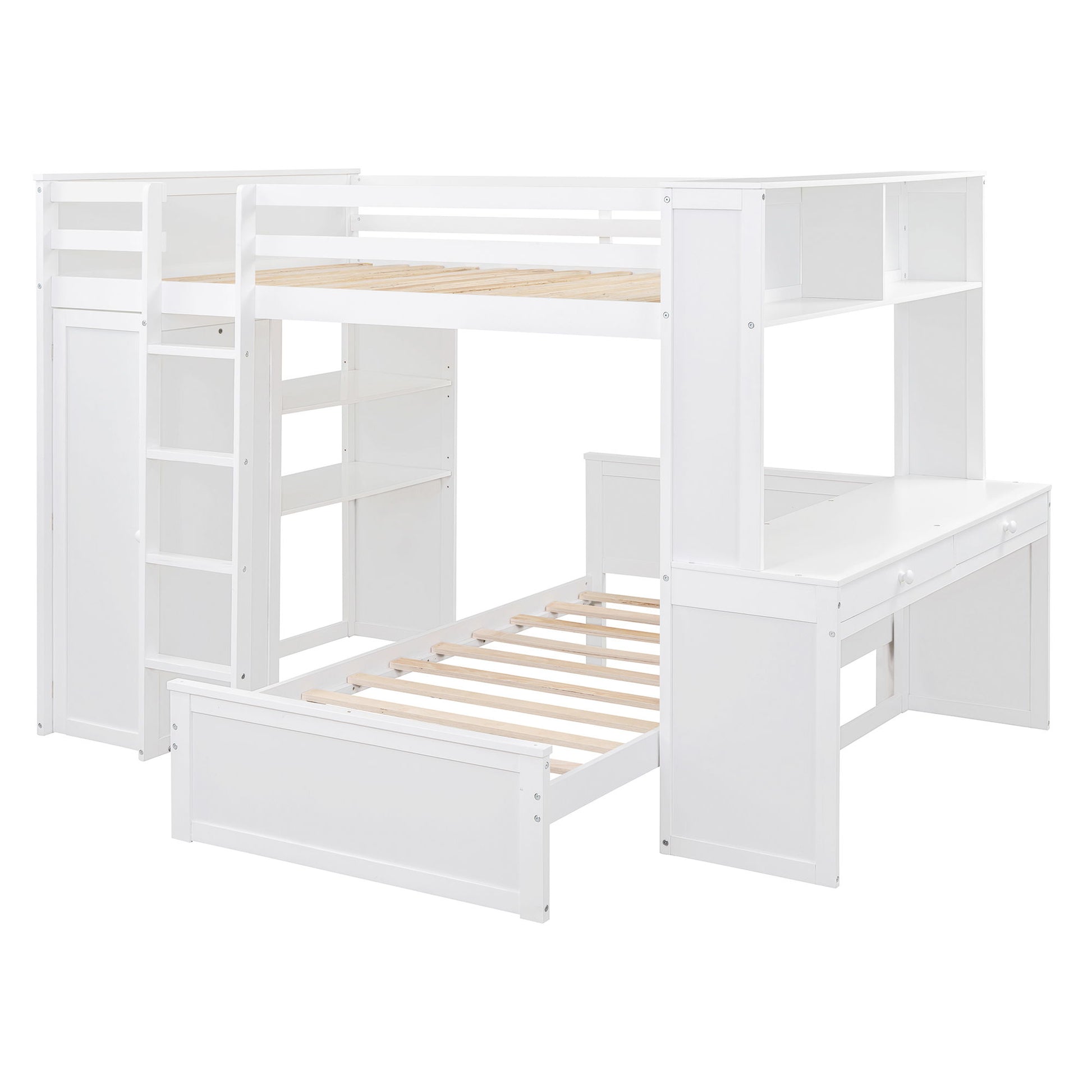 Loft Bed With A Twin Size Standalone Bed, Shelves, Desk, And Wardrobe