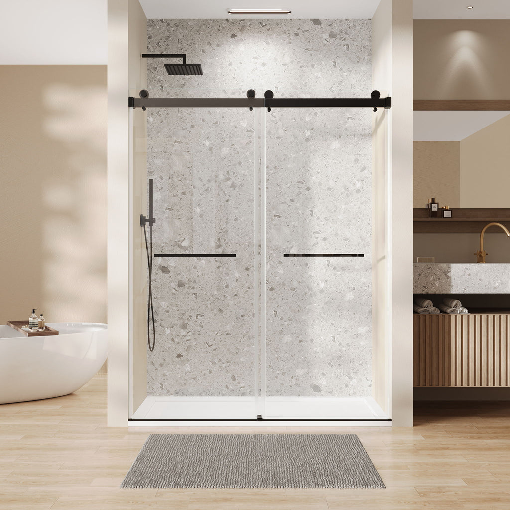 Frameless Double Sliding Soft Close Bathtub Shower Door, 5 / 16" Clear Nano Coated Tempered Glass And 304 Stainless Steel Handle - Matte Black