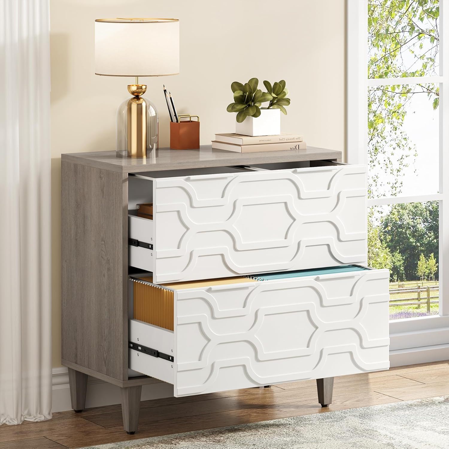 2 Drawer Lateral File Cabinet, Fits A4 / Letter / Legal - Gray / White