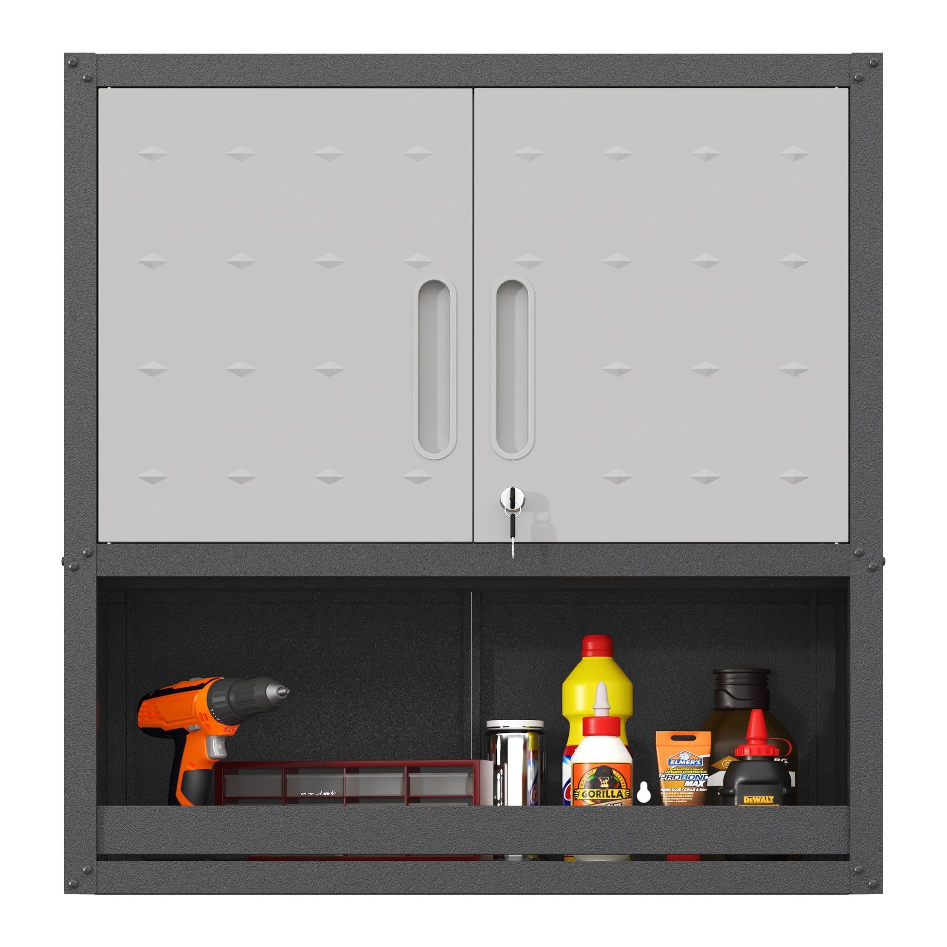 Metal Wall Mounted Tool Storage Cabinet With Locking Door, 1 Shelf & 1 Drawer