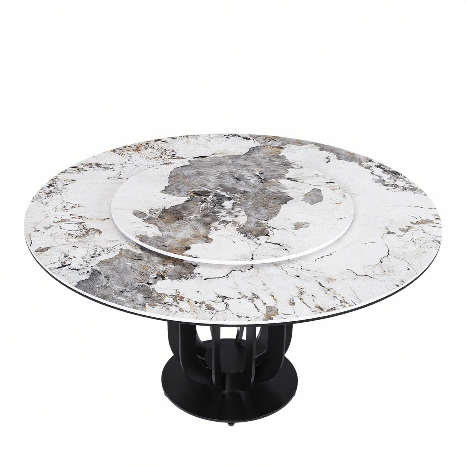 Round Dining Table With Carbon Steel Base And Lazy Susan Industrial Style - Black / White