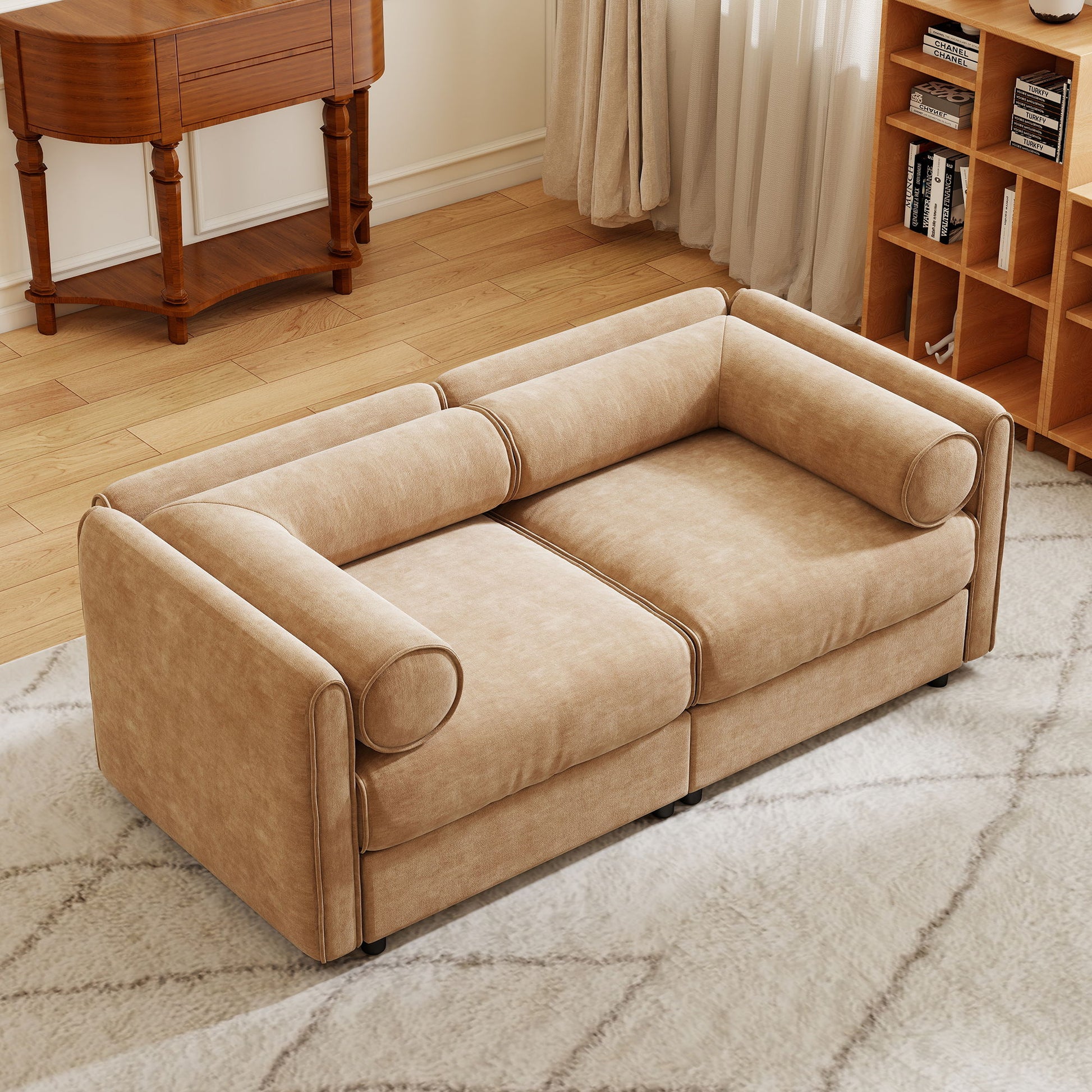 Stylish Chenille Sofa With Storage Seat And Cylindrical Backrest