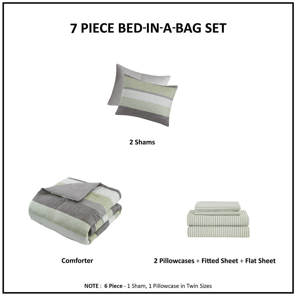 Jaxon - 7 Piece King Stripe Comforter Set With Bed Sheets - Green / Gray