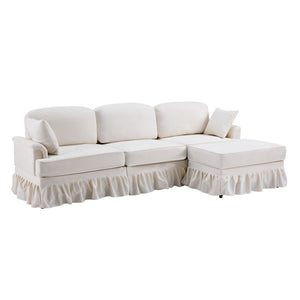 L-Shaped Sectional Sofa With Removable Ruffled Skirt, Flared Arms, Ottoman - White