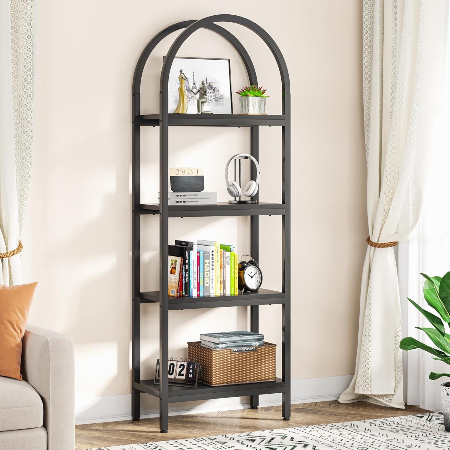 Industrial 4 Tier Open Bookshelf With Curved Top