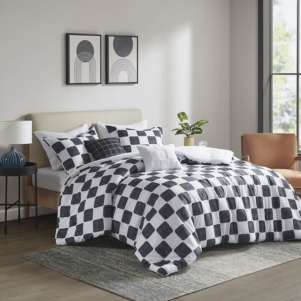 Miley - Checkered Twin Comforter Set - Black/White