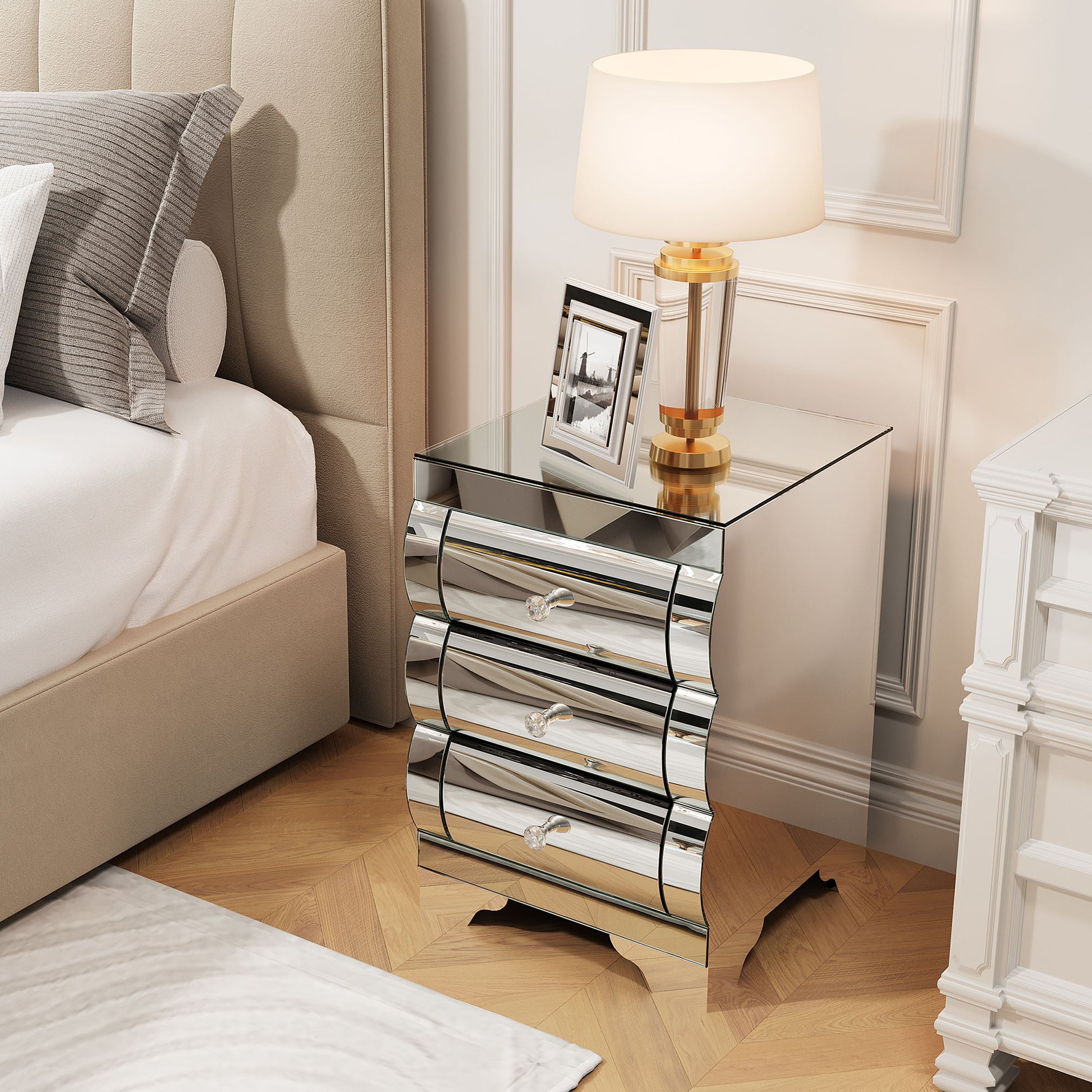 Nightstand With 3 Drawers, Bedside Table For Bedroom - Silver