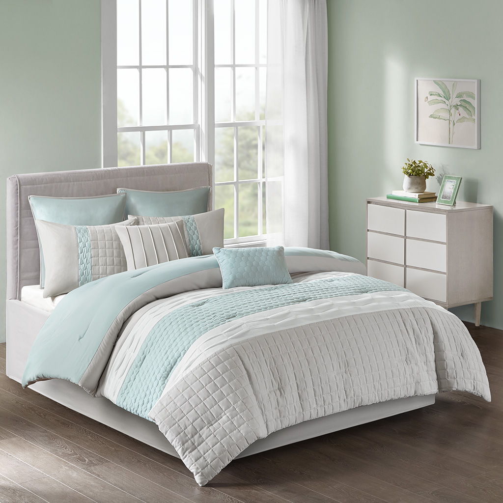 Tinsley - Queen 8 Piece Comforter Set - Seafoam / Gray