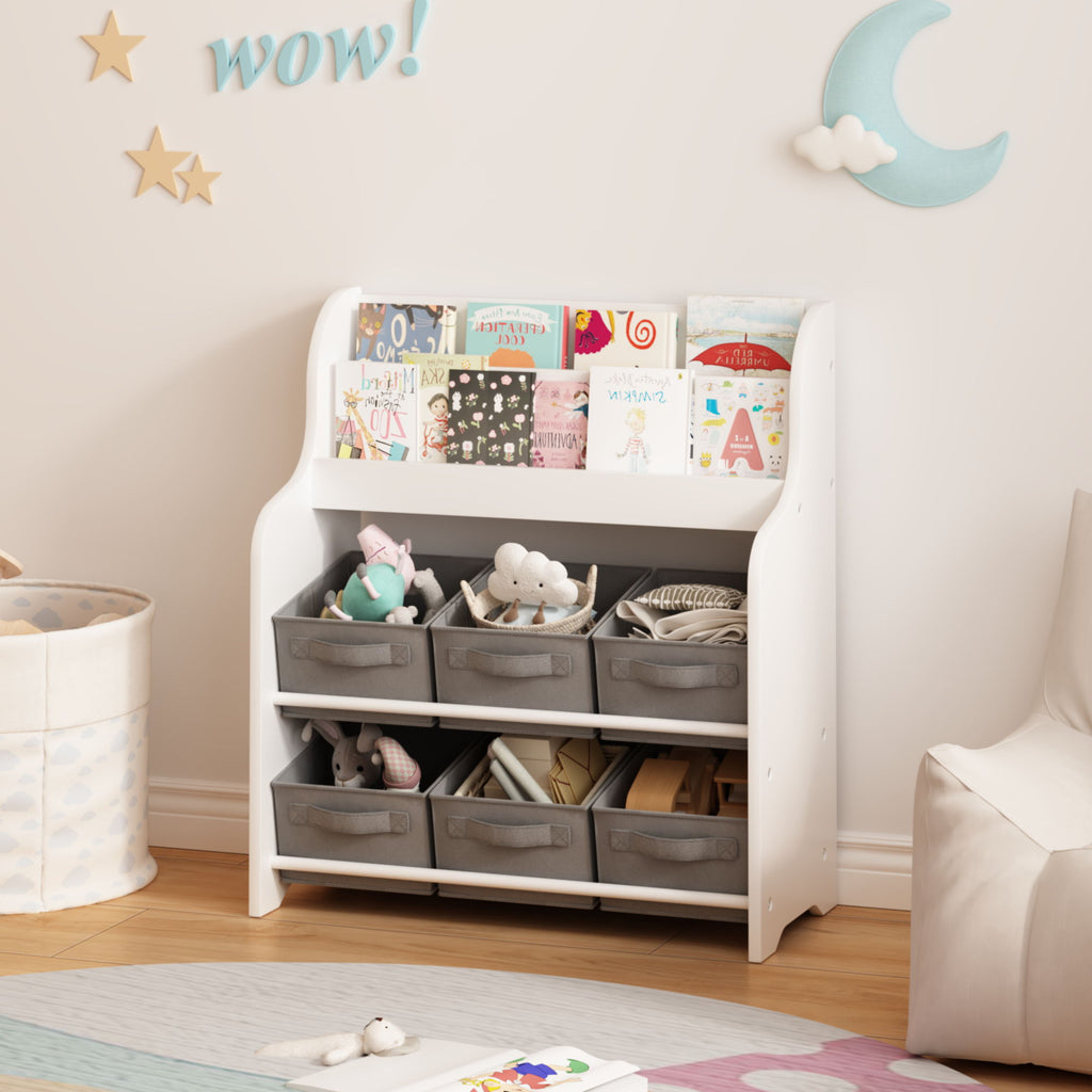 Bookshelf With 6 Storage Bins, Multi Functional Children's Bookcase And Toy Organizer - White