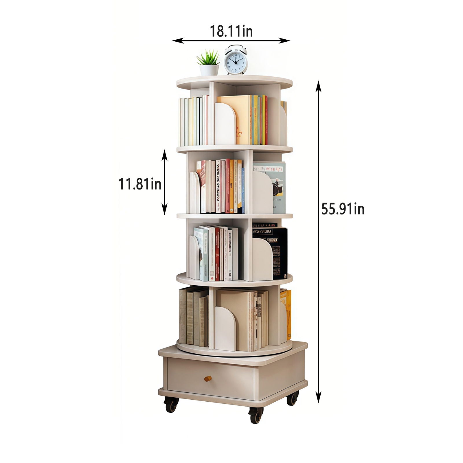 Rotating Bookshelf With Wheels And Drawer, 360° Spinning Design, Space Saving Storage
