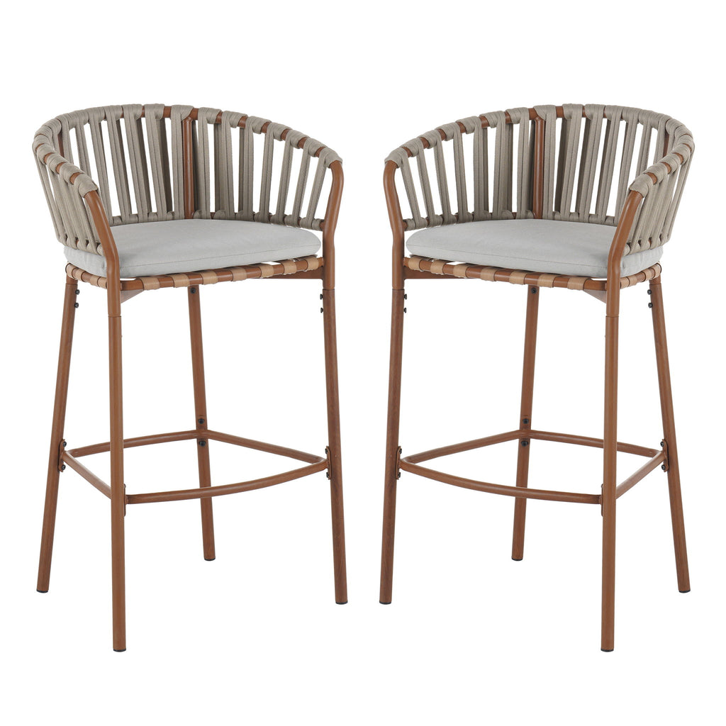 Lodi - Outdoor Matal Rope Barstool, Teak / Beige (Set of 2) - Teak / Beige