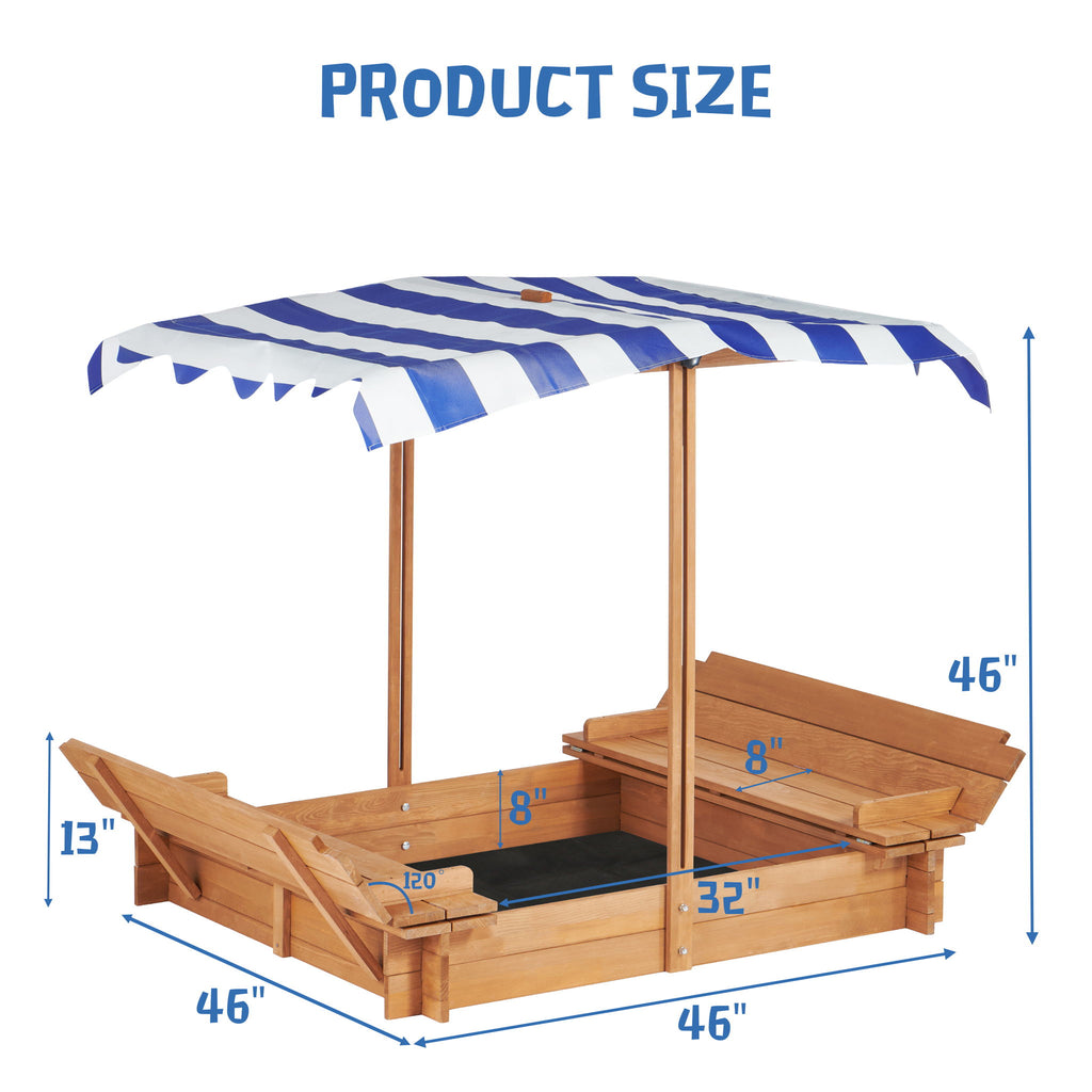 Kids Sandbox With Adjustable Cover, Sand Box With 2 Foldable Bench Seats, Outdoor Sandpit For Backyard Play - Light Brown