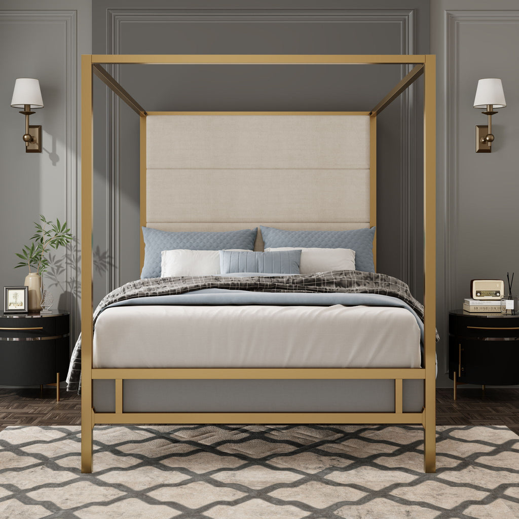 Canopy Bed With Tall Upholstered Headboard, 4 Poster Frame