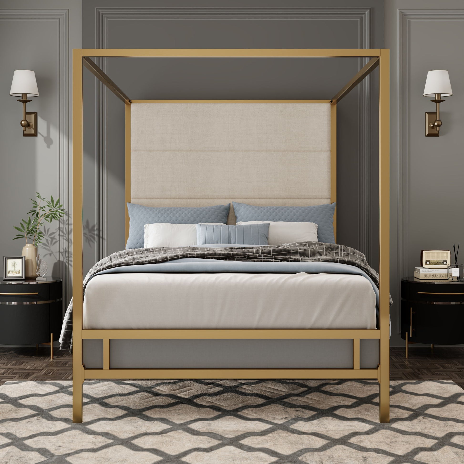 Canopy Bed With Tall Upholstered Headboard, 4 Poster Frame