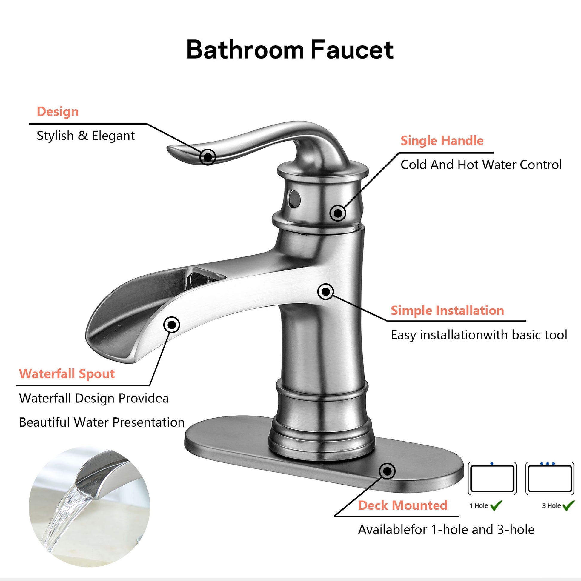 Waterfall Spout Bathroom Faucet With Single Handle And Pop Up Drain - Brushed Nickel
