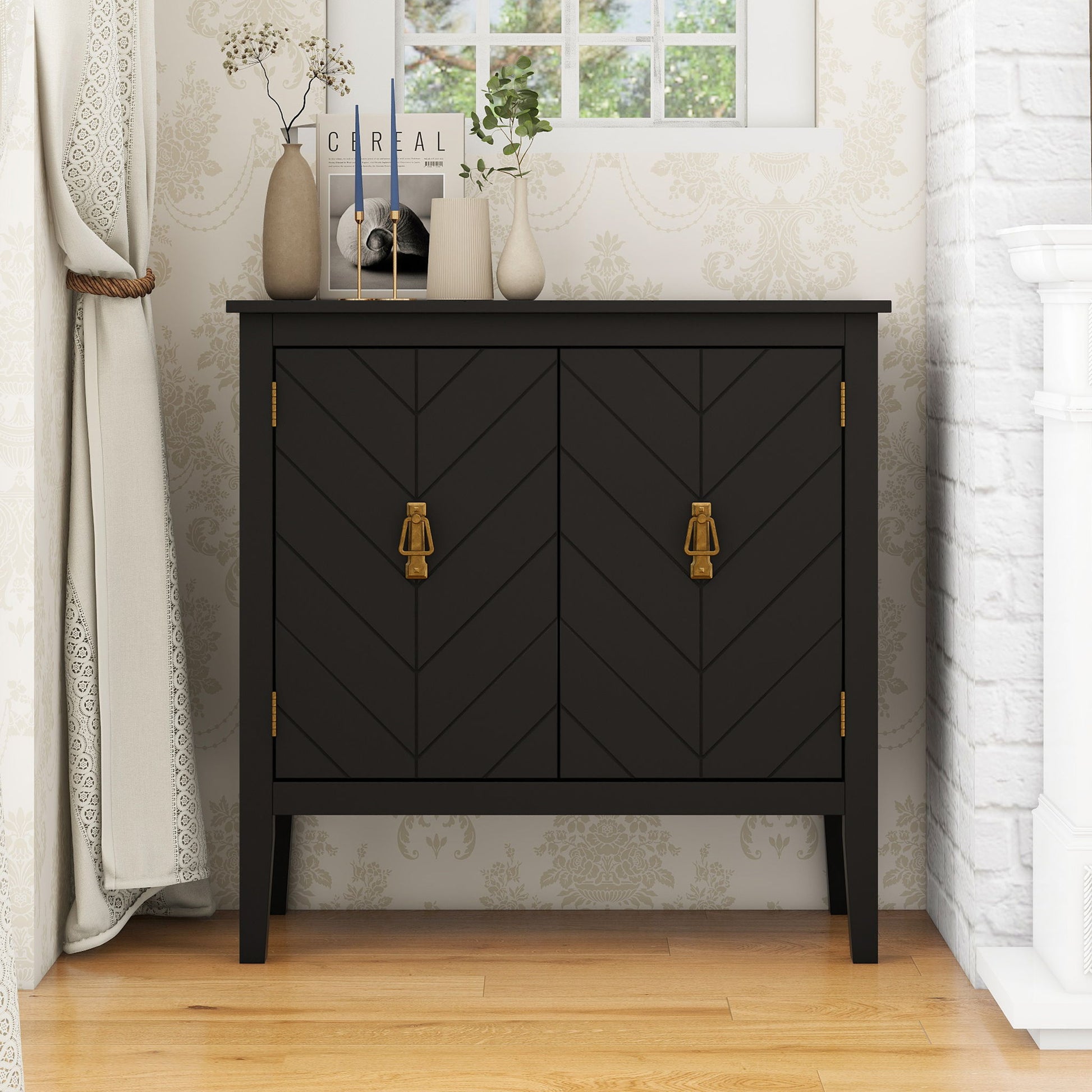 Vintage Style 2 Door Wooden Sideboard Cabinet For Living Room, Dining Room, Or Office - Black Wood