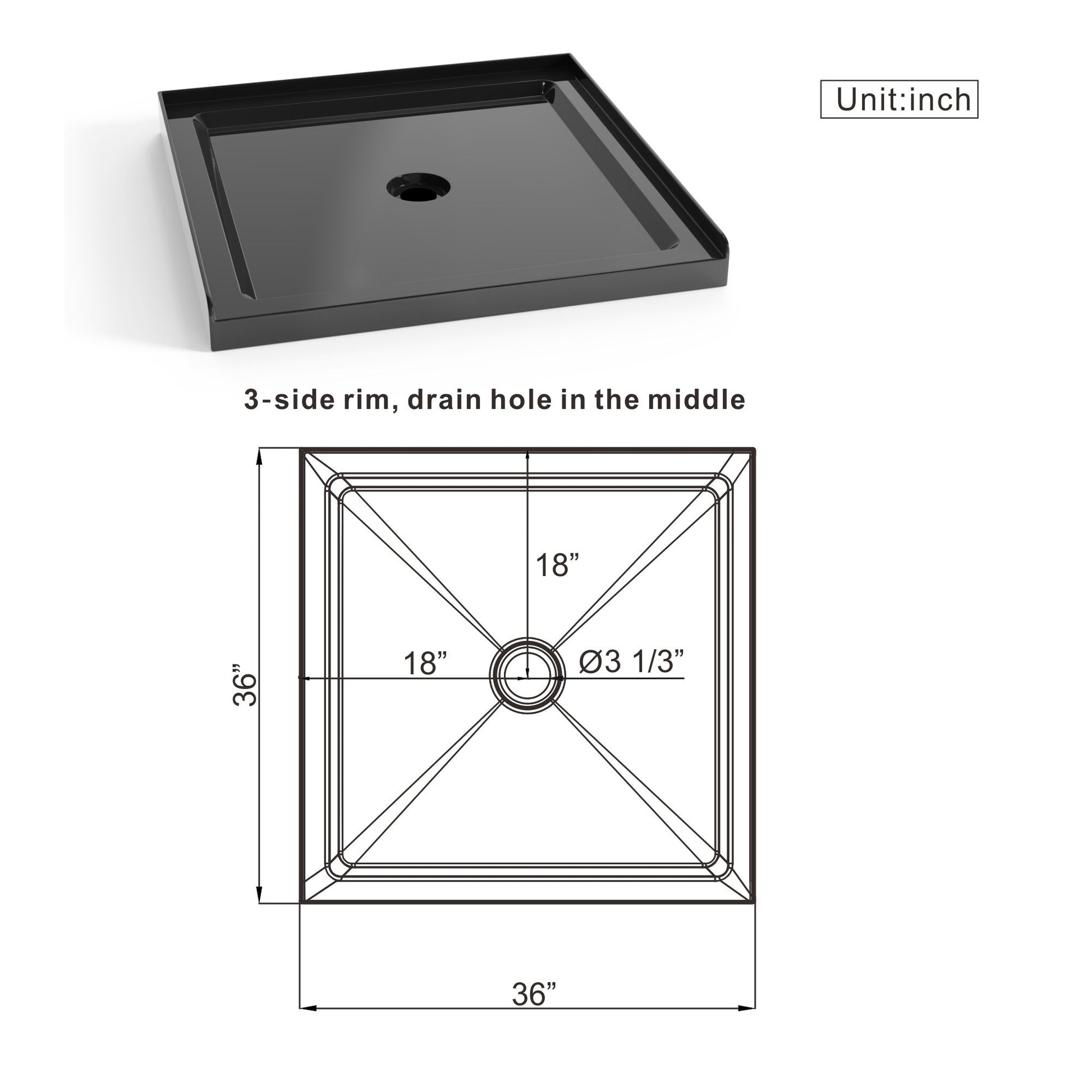 Shower Base, Anti Slip Center Drain Single Threshold - Black