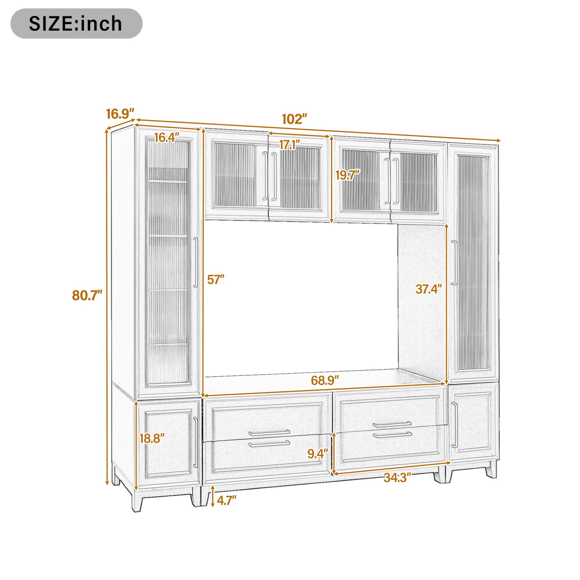 Wall Unit Entertainment Center With Glass Doors For TVs Up To 75" With Drawers For Living Room - White