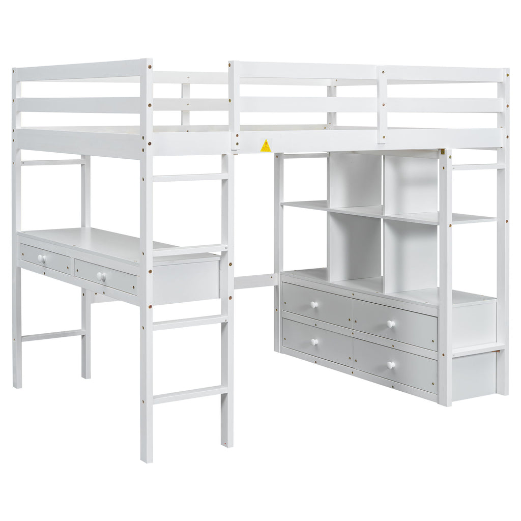 Full Size Loft Bed With Built In Desk, 2 Drawers, Storage Shelves - White