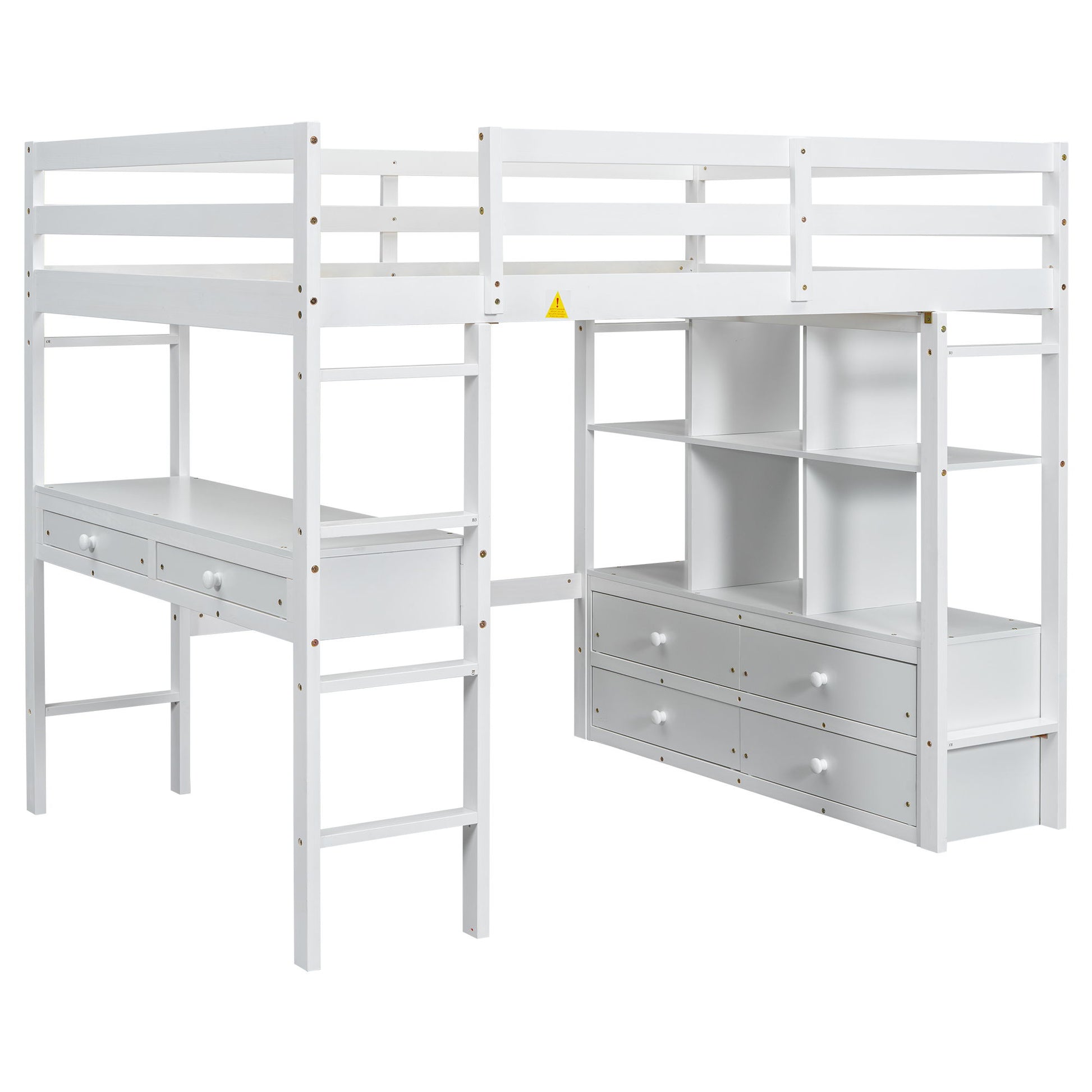 Full Size Loft Bed With Built In Desk, 2 Drawers, Storage Shelves - White