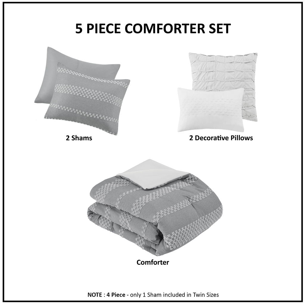 Drew - 5 Piece Full Clipped Jacquard Comforter Set With Throw Pillows - Gray