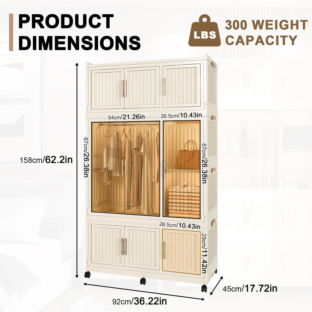 Portable Wardrobe Closet Storage Organizer With 9 Magnetic Doors - Cream White