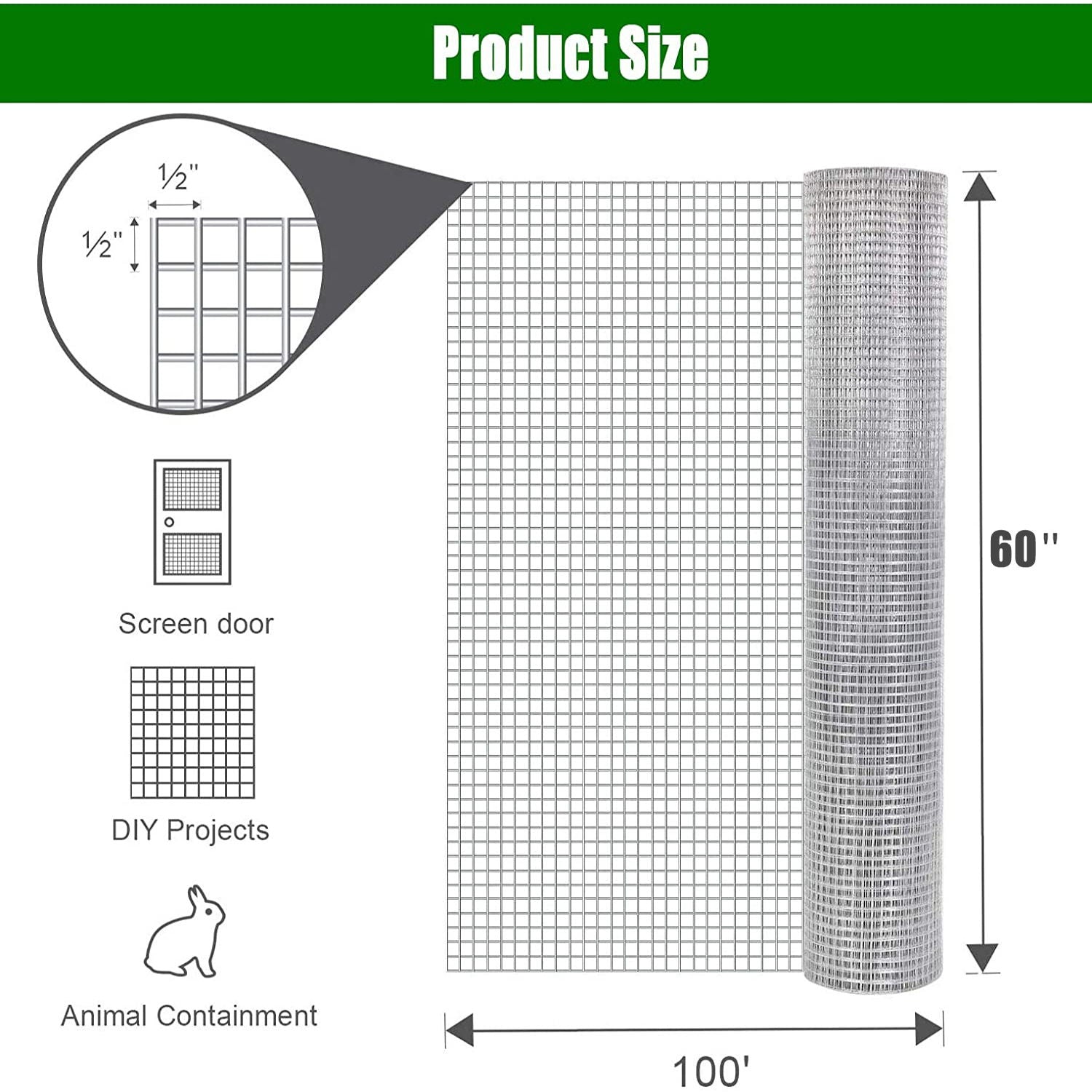 Galvanized Hardware Cloth, Chicken Wire Fence Roll For Garden And Animal Enclosures - Silver