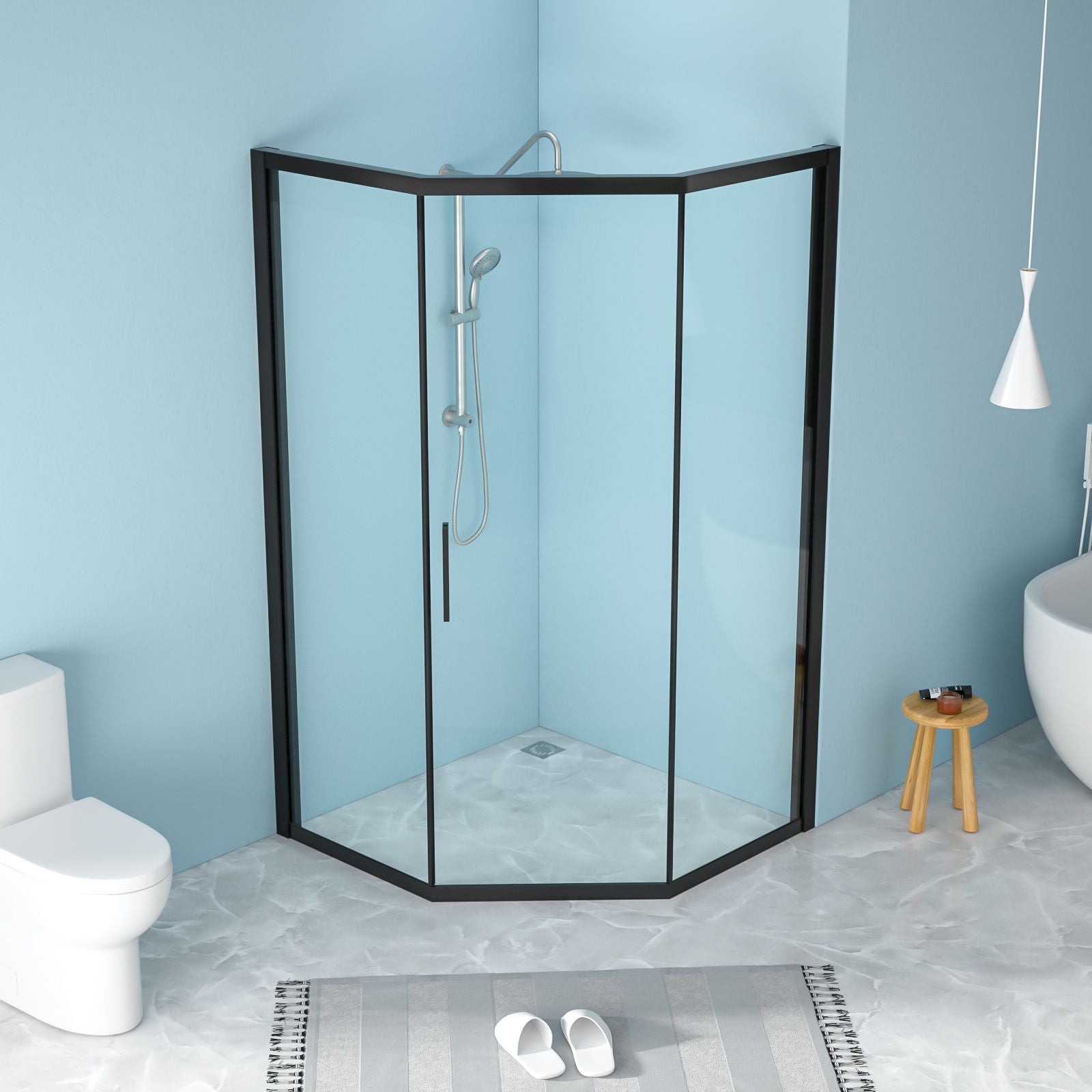 Diamond Shaped Corner Shower Door, Inward Sliding, Stainless Steel Frame
