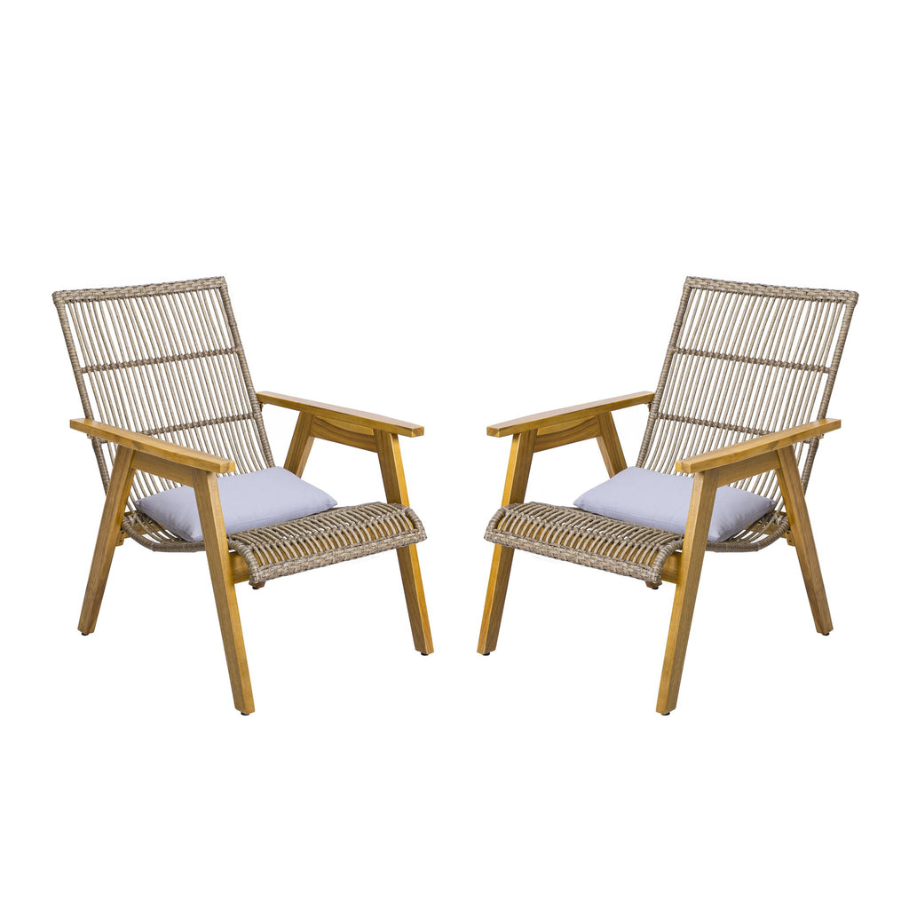 Acacia Wood Cape Woven Wicker Large Lounge Chair With Pillow For Patio, Deck, Yard, Lawn And Garden Seating Wicker (Set of 2) - Teak