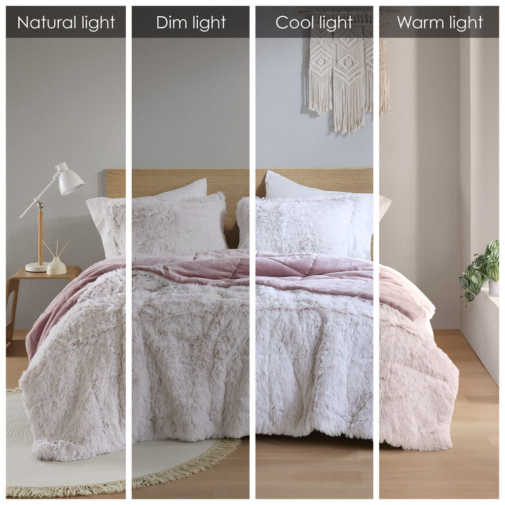 Malea - 3 Piece Full/Queen Shaggy Comforter Mini Set - Pink/White