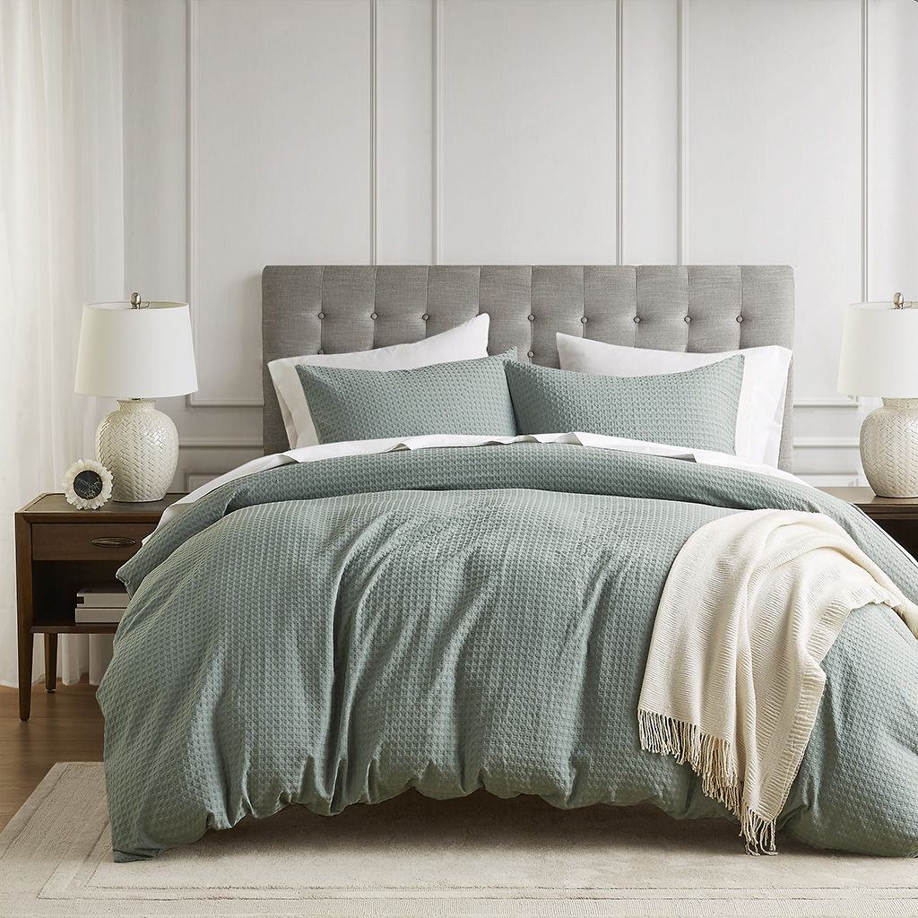 Mina - Twin/Twin Long Waffle Weave Textured Duvet Cover Set - Sage Green