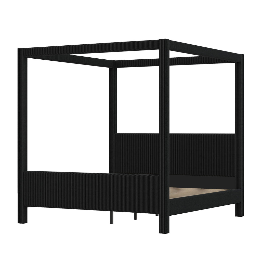 Upholstered Canopy Platform Bed With Headboard And Footboard, Vertical Ribbed Design