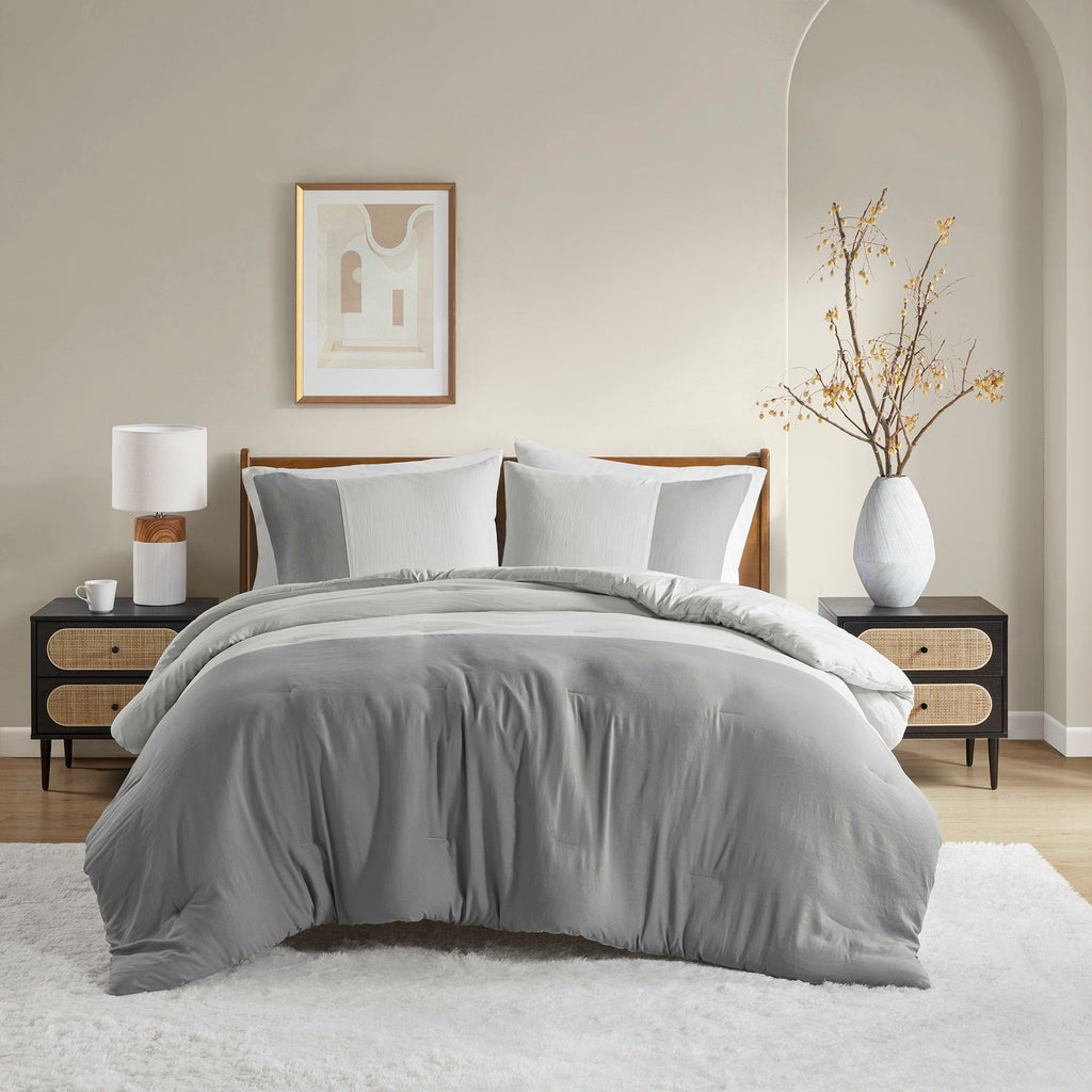 Miro - Twin/Twin Long Soft Washed Block Comforter Set - Gray