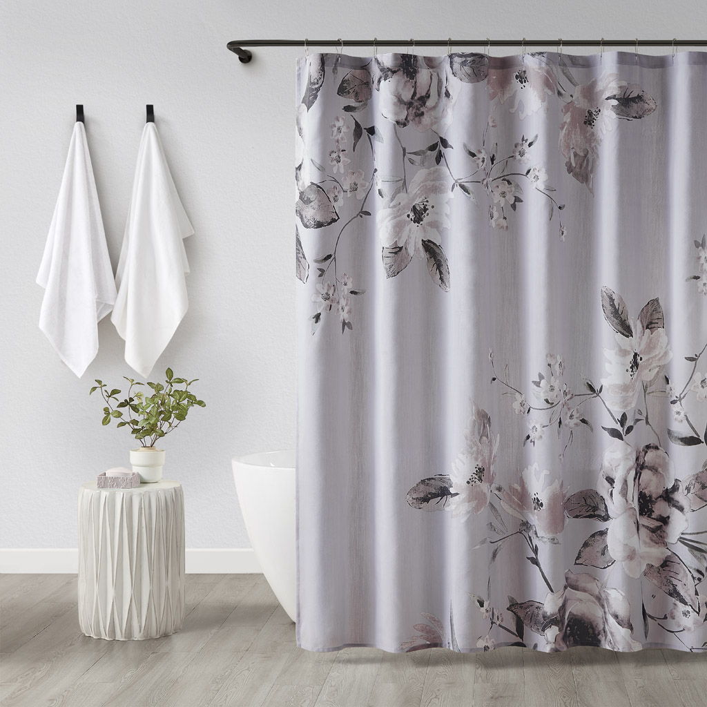 Neko - Floral Printed Cotton Shower Curtain - Lilac