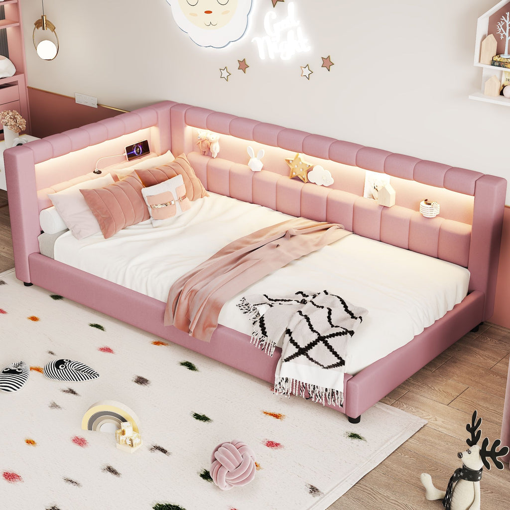 Upholstered Platform Bed With LED Belt And USB Ports