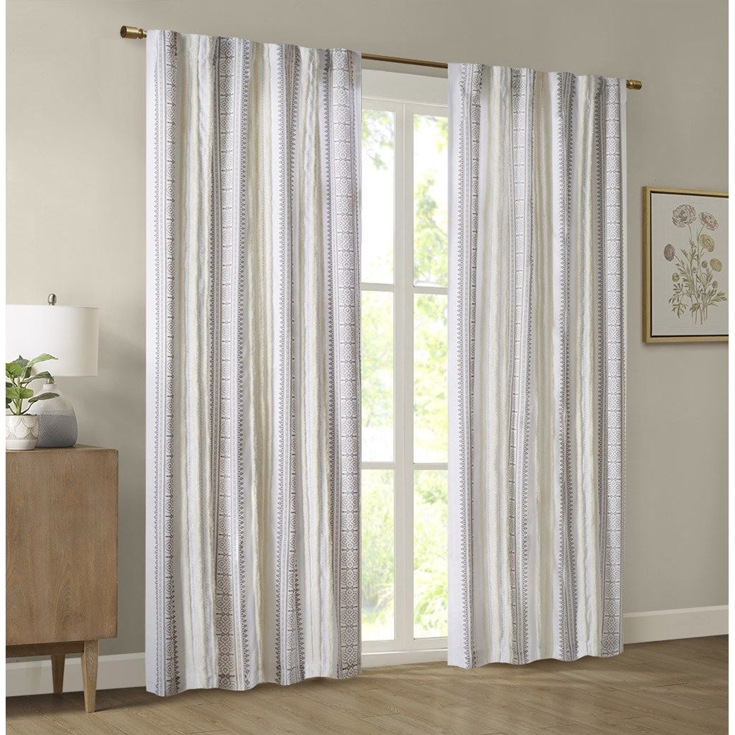 Samara - 50x95" Poly Printed Curtain Panel With Tufted Stripe And Lining - White/Brown