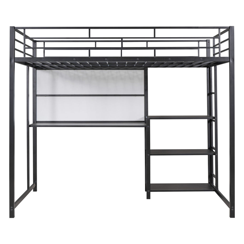 Metal Loft Bed With Desk, 3 Shelves And Ladder
