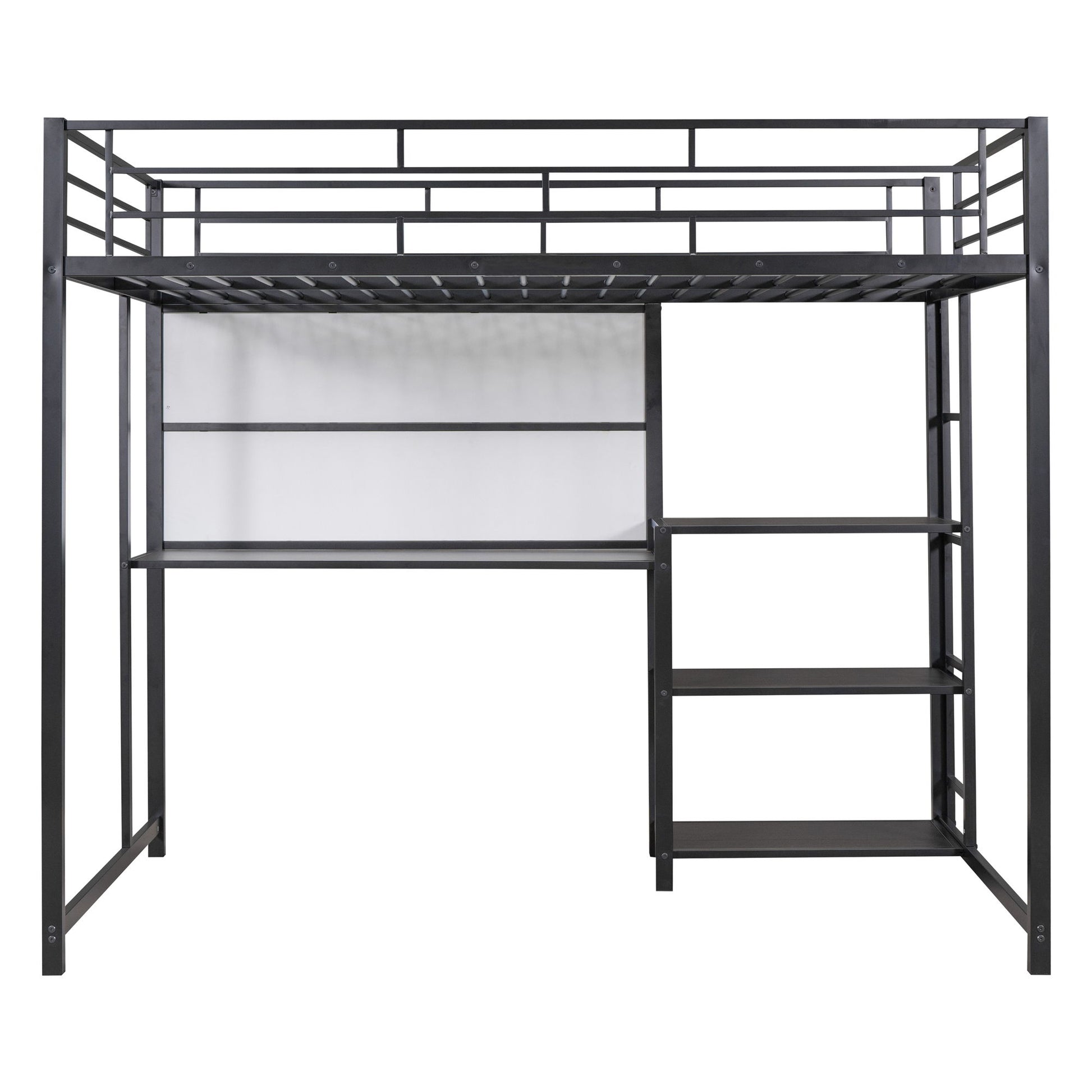 Metal Loft Bed With Desk, 3 Shelves And Ladder