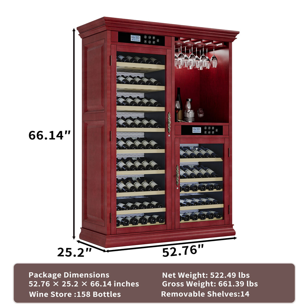 Wine Cooler With Dual Zone Temperature Control, Vacuum Insulated Door, LED Lighting, 158 Bottle Capacity - Cherry