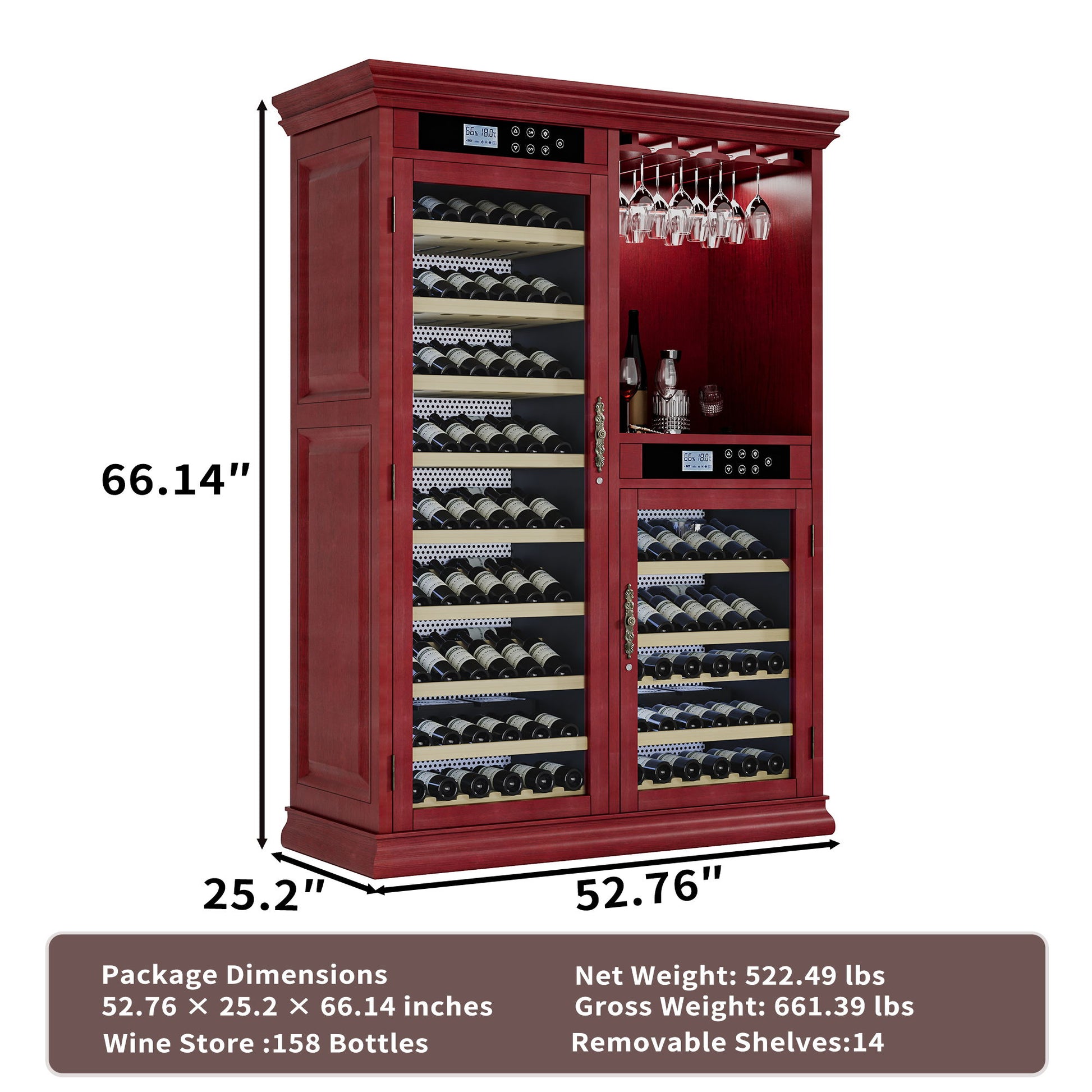 Wine Cooler With Dual Zone Temperature Control, Vacuum Insulated Door, LED Lighting, 158 Bottle Capacity - Cherry