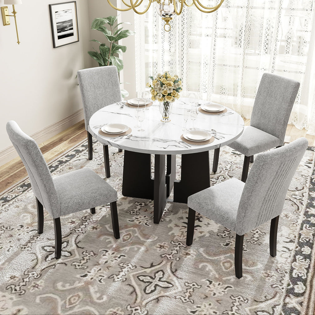 5 Piece Round Dining Table Set, Dining Table And 4 Upholstered Chairs For Dining Room, Kitchen Room, Living Room - White / Gray