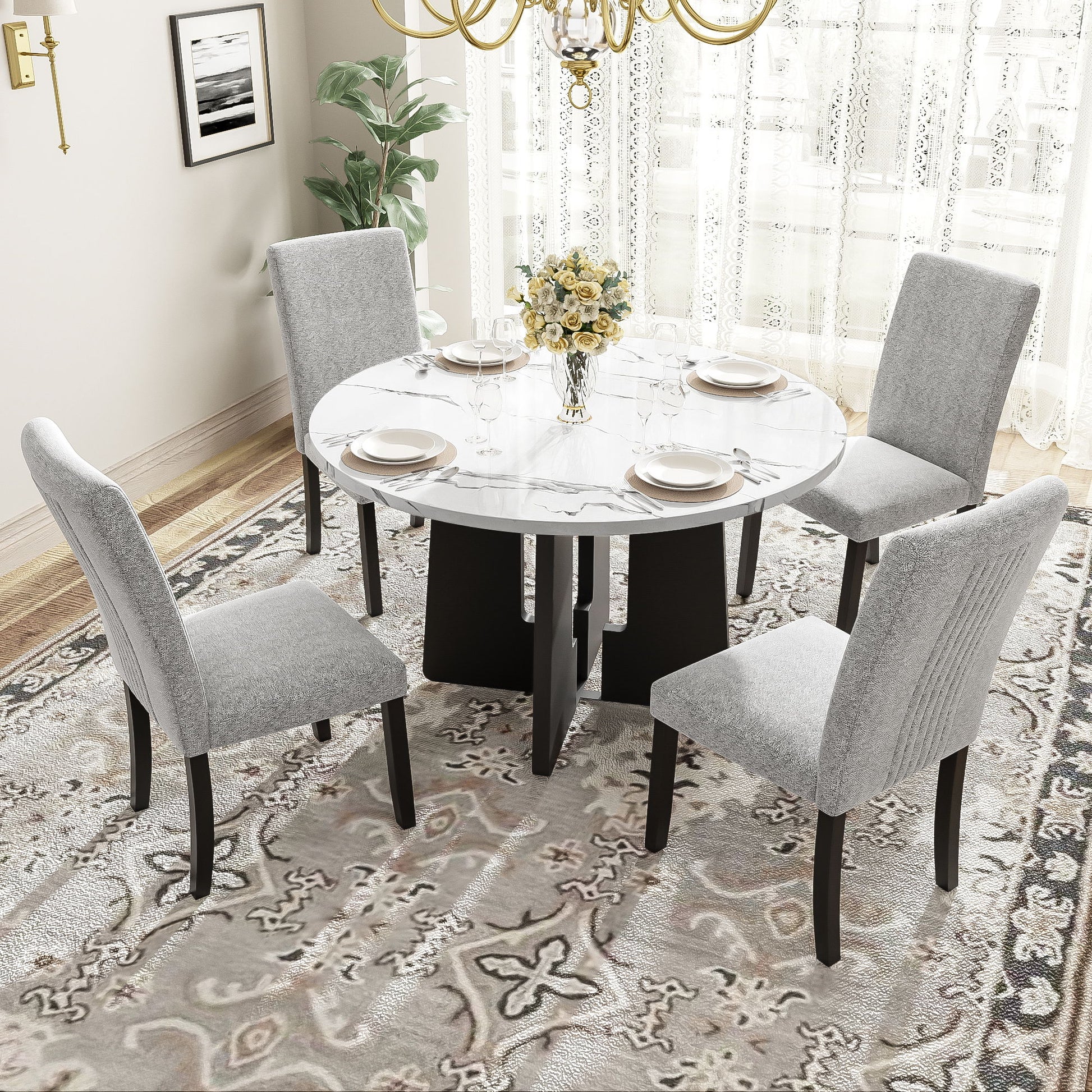 5 Piece Round Dining Table Set, Dining Table And 4 Upholstered Chairs For Dining Room, Kitchen Room, Living Room - White / Gray