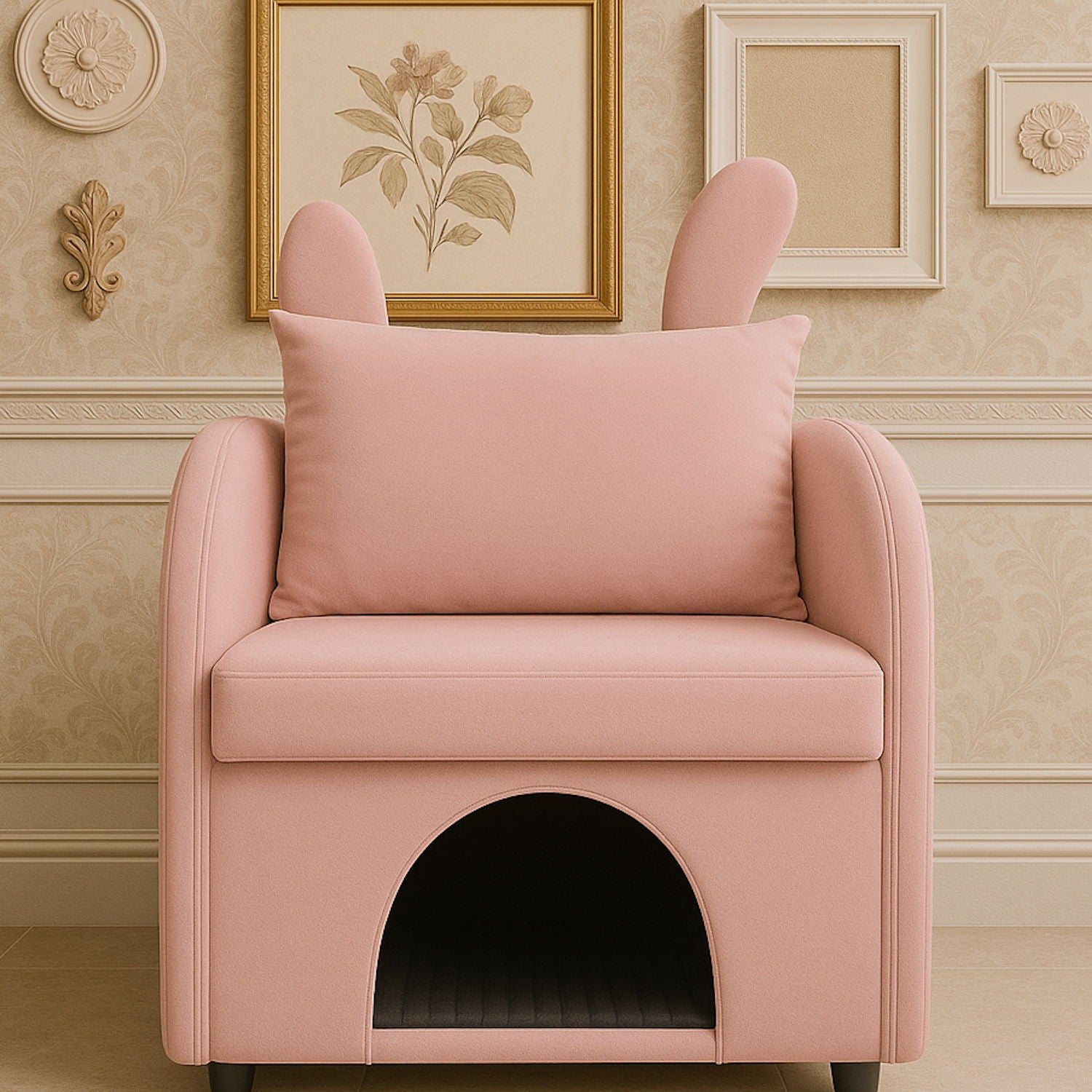 Bunny Ear Pet Friendly Armchair With Hidden Pet House With Storage Pocket For Bedroom & Living Room - Pink