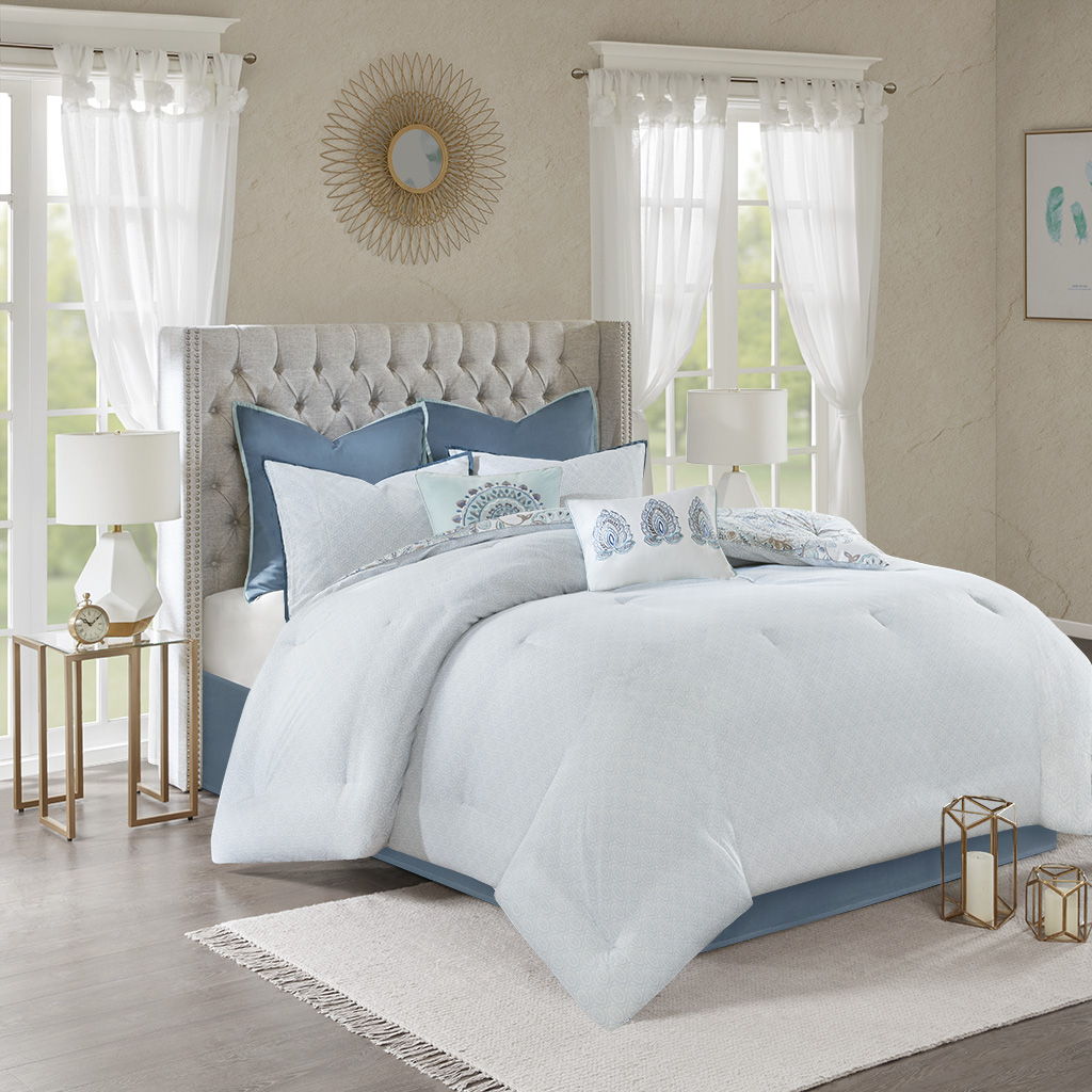 Isla - California King 8 Piece Printed Reversible Comforter Set - Blue