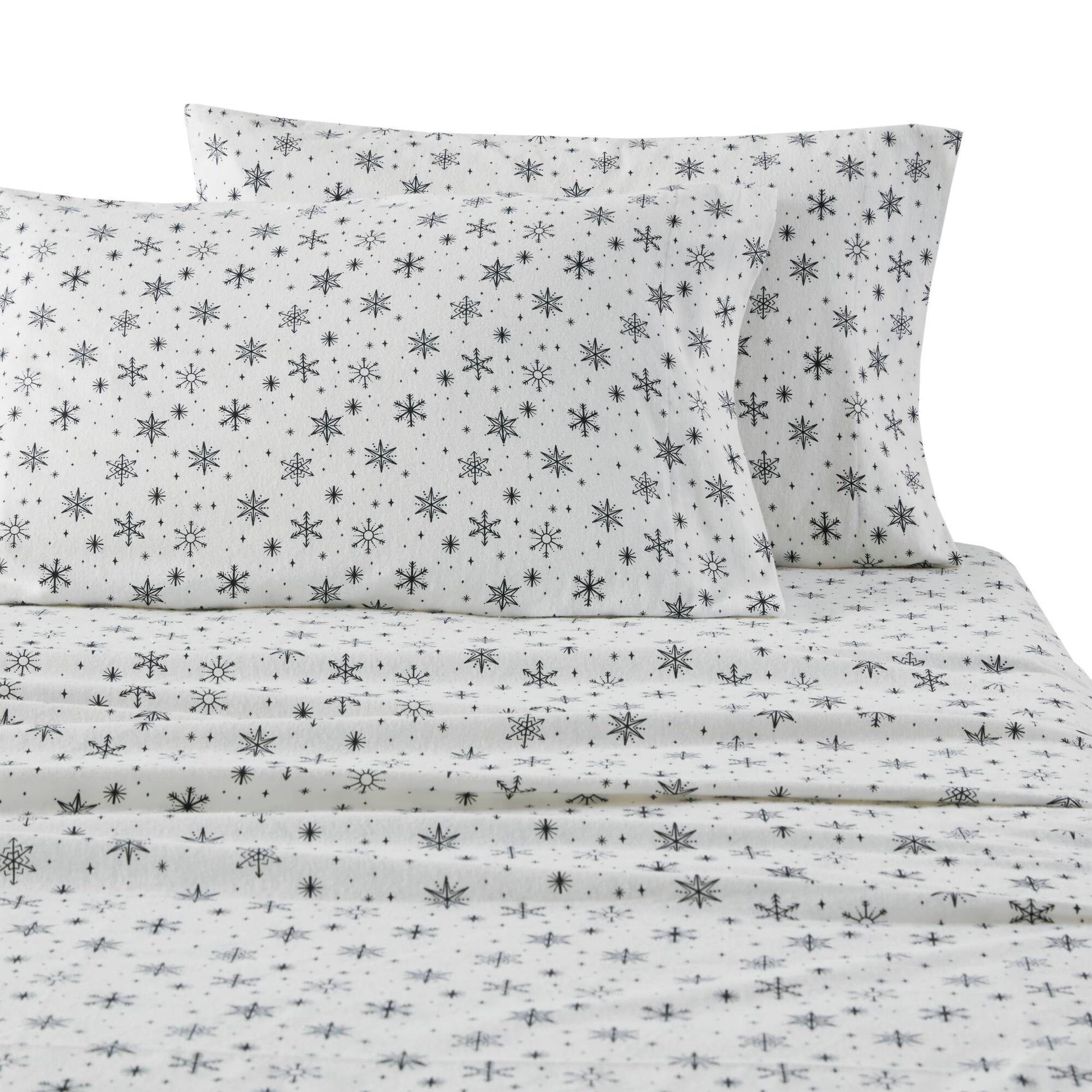 Cozy Cotton Flannel - Queen Printed Sheet Set - Black Snowflakes
