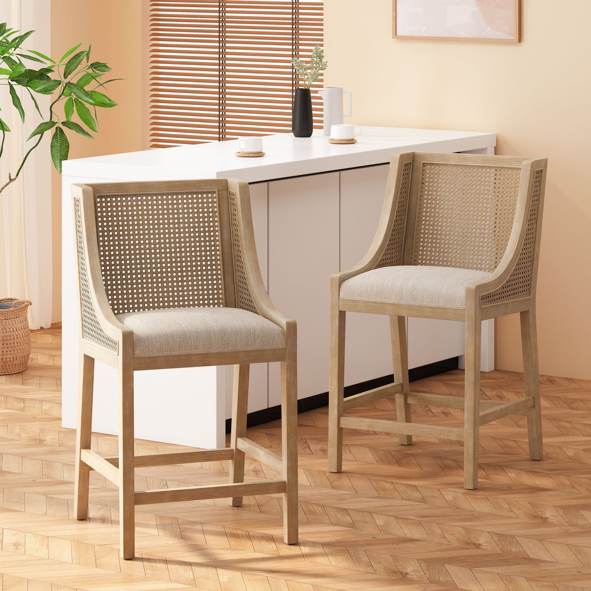 French Country Fabric Upholstered Counter Stools (Set of 2)