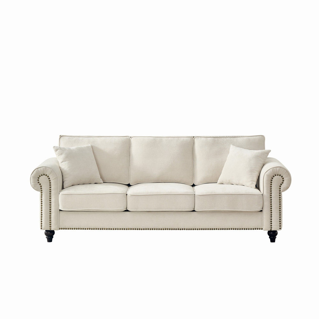 3 Seater Sofa With Tufted Upholstery, Rolled Arms, Nailhead Trim