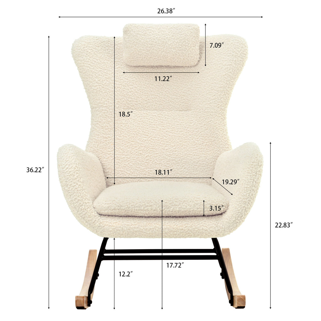 Rocking Chair Nursery, Teddy Upholstered Rocker Glider Chair With High Backrest, Adjustable Headrest & Pocket, Comfy Glider Chair For Nursery, Bedroom, Living Room, Offices, Rubber Wood