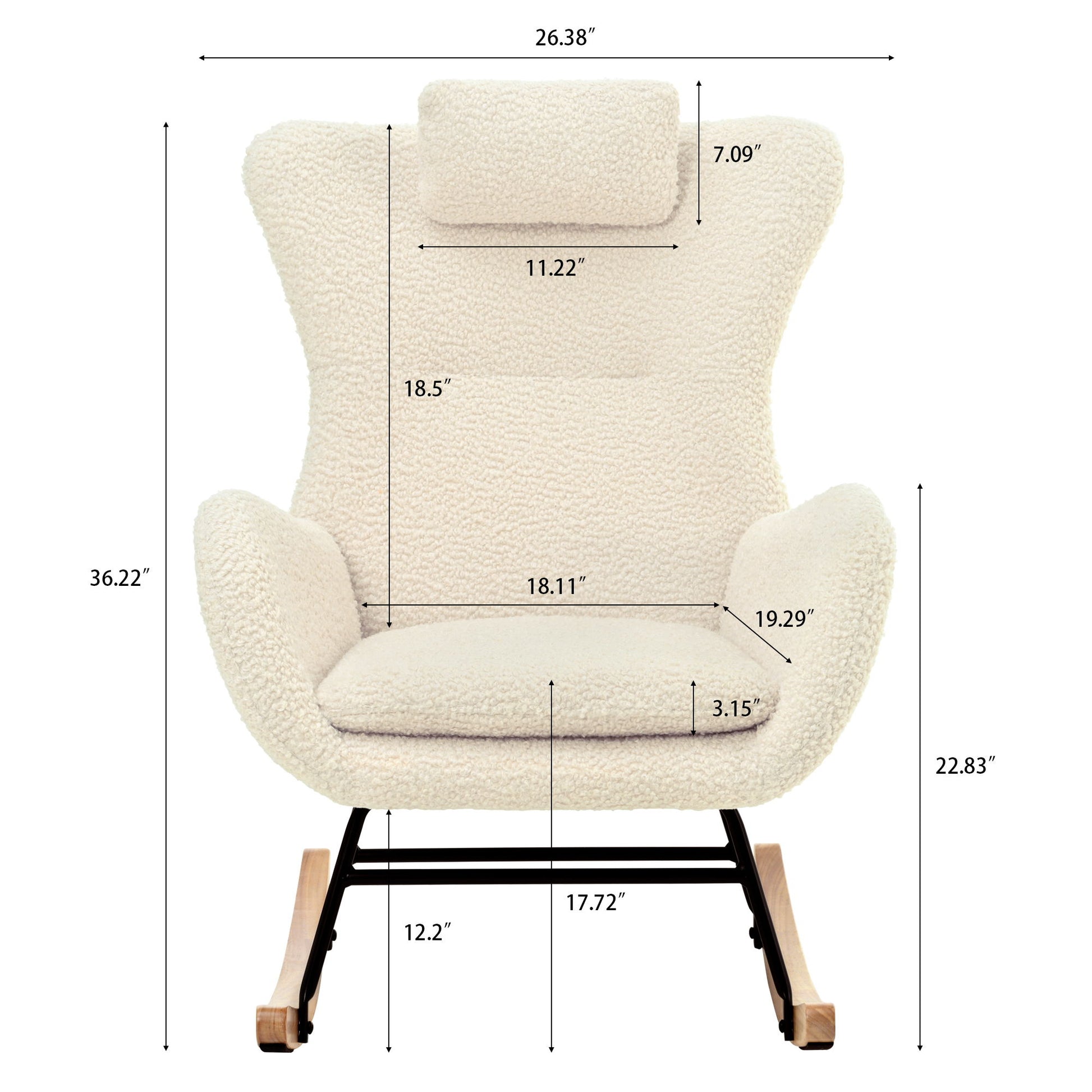 Rocking Chair Nursery, Teddy Upholstered Rocker Glider Chair With High Backrest, Adjustable Headrest & Pocket, Comfy Glider Chair For Nursery, Bedroom, Living Room, Offices, Rubber Wood