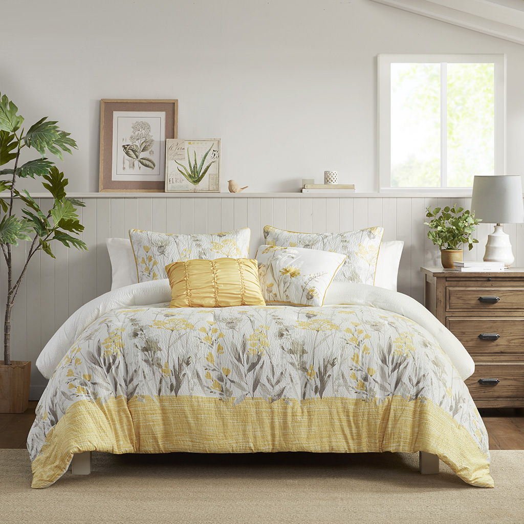 Prairie - 5 Piece Seersucker Comforter Set With Throw Pillows - Yellow / Gray